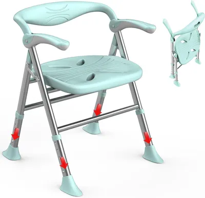 Image de Siège de douche pliable - Aide à la douche pour personnes âgées - Douche sécurisée - Avec accoudoirs et dossier - Réglable en 5 positions de hauteur - Vert