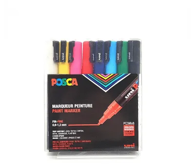 Zdjęcie produktu dla Marker POSCA uni ball 186508 cienka okrągła końcówka zestaw 8 podstawowych kolorów Office