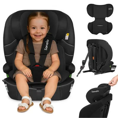 A child is sitting in a car seat, with other parts of the car seat shown separately.