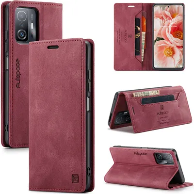 Produktbild von Xiaomi 11T Brieftasche Hülle, Retro Kunstledertasche Stand Schutzhülle für Xiaomi 11T / Mi 11T Pro Rot