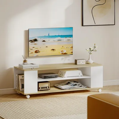 Produktbild von Sweiko TV-Bank, Schwebedesign oder stehend, für TVs bis 55'', weiß+holzfarben, 120 x 40 x 38,5 cm