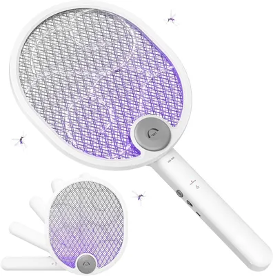 Image de Raquette électrique anti-insectes - Anti-moustiques, anti-mouches - Lutte contre les nuisibles - Haute tension 4000V - Rechargeable par USB - Blanc
