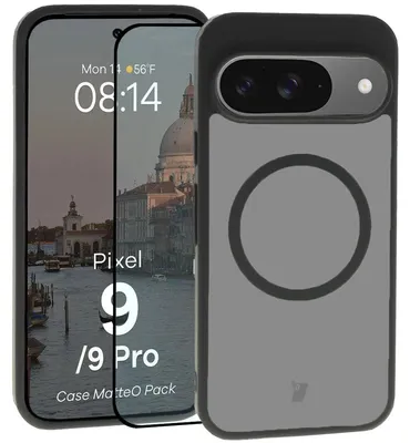 Produktbild von Schutzhülle mit Magnetring + gehärtetem Glas Bizon MatteO Pack für Google Pixel 9 / 9 Pro, Getönt-Schwarz