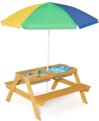 Produktbild von Kindersitzgruppe Tannenholz, Kindertisch Outdoor mit höhenverstellbarer Sonnenschirm, Abnehmbarer Tischplatte & 2 Spielboxen, Picknicktisch, Kindersitzgarnitur draußen (Gelb + Grün + Blau)