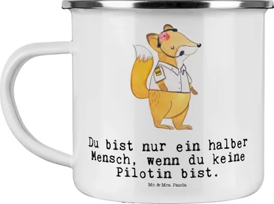 Produktbild von Mr. & Mrs. Panda Emaille Tasse Pilotin Herz - Weiß - Geschenk, Flugzeug, Lustig, Teetasse, Teebecher, Cockpit, Pott, Kaffeepott, Spruch, becher
