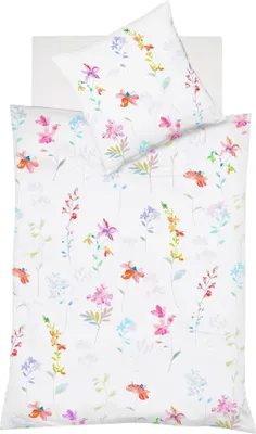 A flat lay image of a white duvet cover and pillowcase with a floral pattern.