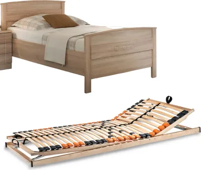 A bed frame and a slatted bed base are shown against a white background.