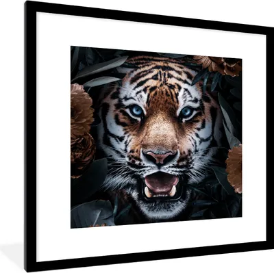 Produktbild von MuchoWow® MuchoWow® Gerahmtes Poster Tiger - Blumen - Blatt 40x40 cm - Poster mit zchwarzem Bilderrahmen - Poster - Plakat im Rahmen
