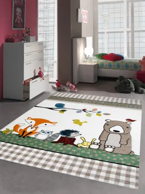 Produktbild von Kinderteppich Spielteppich Kinderzimmer Teppich niedliche bunte Tiere mit Bär Fuchs Hase Igel Eule Vögel Creme Beige Braun Türkis Orange Gelb Grün Rot Größe - 120x170 cm