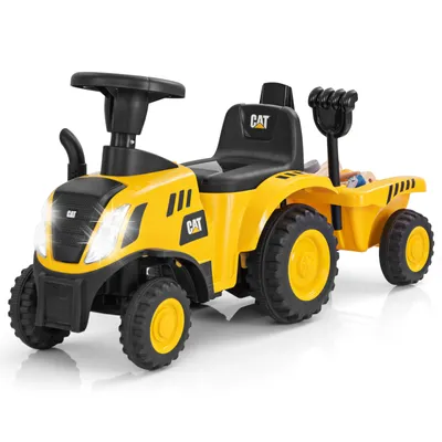Zdjęcie produktu dla COSTWAY dziecięcy traktor do zjeżdżania, licencjonowany pojazd Caterpillar z odczepianą przyczepą, łopatą, grabiami, klaksonem, dźwiękiem silnika, światłami LED i 6 kołami, prezent dla dzieci w wieku 1,5-3 lat
