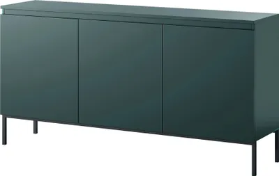 A dark green three-door sideboard with thin metal legs, presented against a white background.