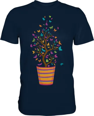 Produktbild von Blumentopf Bunte Schmetterlinge T-Shirt – Navy / S