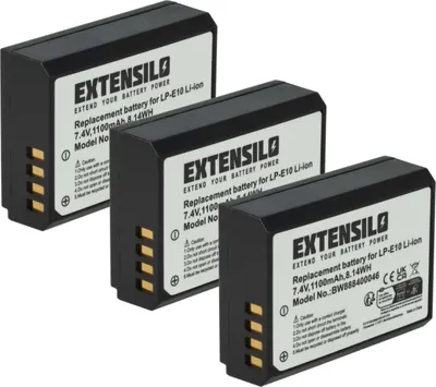 Produktbild von EXTENSILO 3x Akku kompatibel mit Canon EOS 1100D, 2000D, 1200D, 4000D, 1300D, Kiss X70, Kiss X50, Kiss X80, Kiss X90 Kamera (1100 mAh, 7,4 V, Li-Ion)