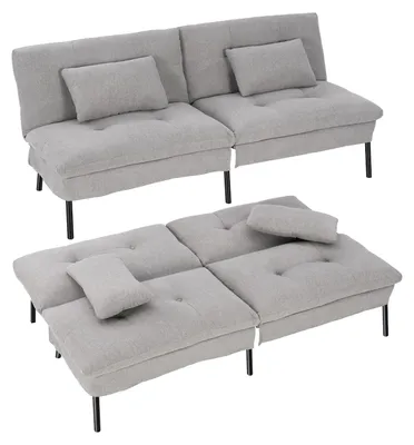 Immagine prodotto di Divano letto - Divano a due posti - A forma di L - Schienale regolabile - Due cuscini - Gambe in metallo - 186 x 70 x 84 cm - Grigio chiaro