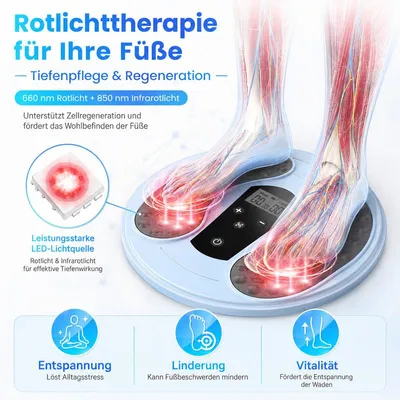 Produktbild von EMS Fußmassagegerät mit Rotlichttherapie (660+850 nm) – 10 Modi & 20 Stufen – TENS, Fernbedienung, wiederaufladbar – Durchblutungs-Stimulator für Beine und Füße
