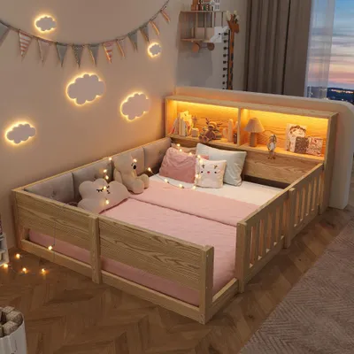 Produktbild von Flachbett, Gitterbett, 140 x 200 cm, Kinderbett mit Gitter, Mit gepolsterten Bettseitenm, Ohne Matratze, Minimalistischer Stil, Mit LED-Lichtleiste, Natur