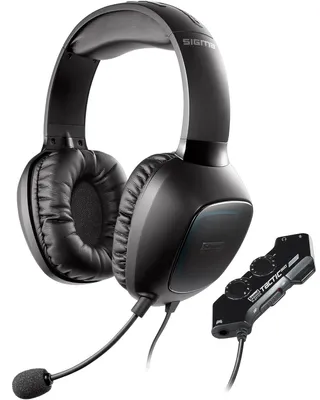 A black gaming headset with a microphone and an inline control unit, shown against a white background.