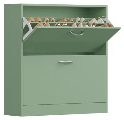 Produktbild von Schuhschrank aus Holz - Schmales Schuhregal mit 2 Klappen - 2 Ebenen - Platzsparender freistehender Flurschrank - Moderner Stil - Grün