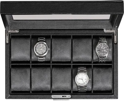Immagine prodotto di Portaorologi con 10 scomparti - rivestimento in morbido microsammetto, cofanetto per gioielli e orologi con ampio coperchio in vetro