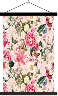 Produktbild von MuchoWow® Textilposter Blumen - Schmetterlinge - Hortensie 60x90 cm mit schwarzem Rahmen - Poster Wohnzimmer