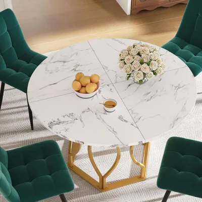 Produktbild von Esstisch-Set 5-teilig mit 4 Samtstühlen, runder Esstisch 100 cm Marmoroptik, goldene Metallbeine, grün