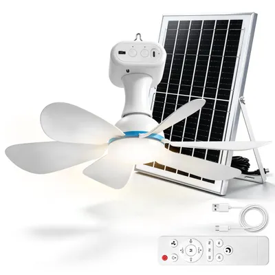 Produktbild von Dimmbar LED Deckenventilator mit Solarpanel Timer Fernbedienung 3 Stufen Akku Ventilator Fan Deckenlampe für Outdoor Pavillon Schirm Camping Zelte