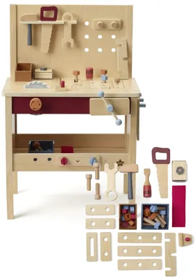 A wooden toy workbench with various tools and accessories displayed on a white background.