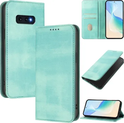 A collage of images showing a turquoise flip phone case from different angles.
