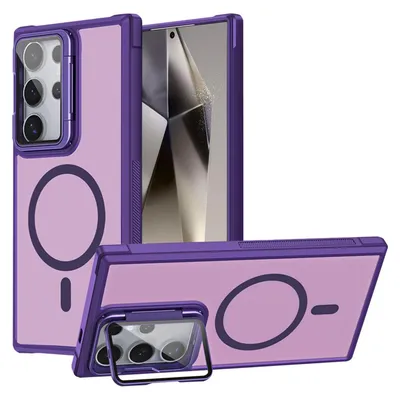A purple phone case with a magnetic ring and a kickstand is displayed from multiple angles.