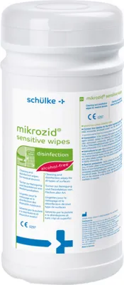 Produktbild von Schülke & Mayr mikrozid sensitive, 200 Stück(e), 100 g Lösung enthalten folgende Wirkstoffe: 0,26 g Alkyl(C12-16)dimethylbenzylammoniumchlorid..., Die Fläche mit dem Tuch gründlich wischen und die Wirkstofflösung einwirken lassen. Auf...