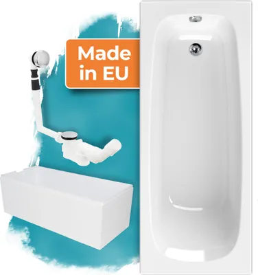 A bathtub and its drainage system are shown, with a "Made in EU" label.
