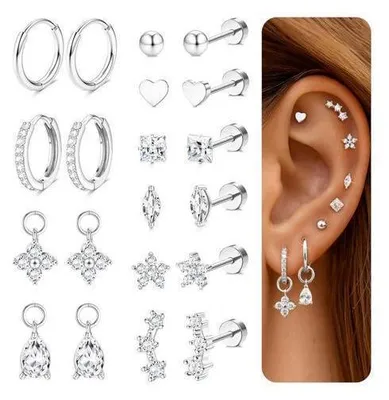 Produktbild von 10 Paar Ohrringe Gold Silber Set, 316L Chirurgenstahl, Damen Herren, Medizinische Ohrstecker & Creolen, 14K Vergoldet