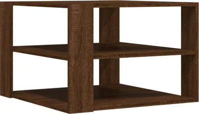 A brown wooden cube-shaped shelf unit with two shelves.