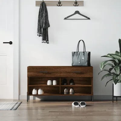 Zdjęcie produktu dla vidaXL Ławka na buty dąb brązowy 102x35x55 cm materiał drewnopochodny - Ławka na buty - Ławki na buty - Ławka z miejscem do przechowywania - Stojak na buty