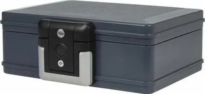 A dark gray Yale safe with a black and silver locking mechanism is shown against a white background.