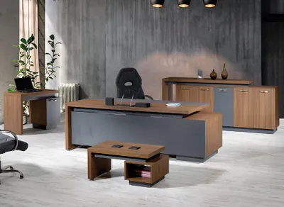 Productafbeelding van Bureau, kantoormeubilair, complete kantoorinrichting, bureau set, 4-delig, hout, bruin