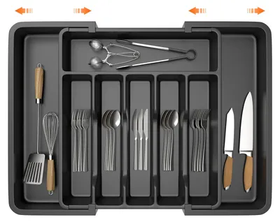Produktbild von Besteckkasten Küche - Besteckeinsatz Schublade - Ausziehbar 33–57 cm - 8 Fächer - Kunststoff - Für Messer Gabeln Löffel - Schwarz