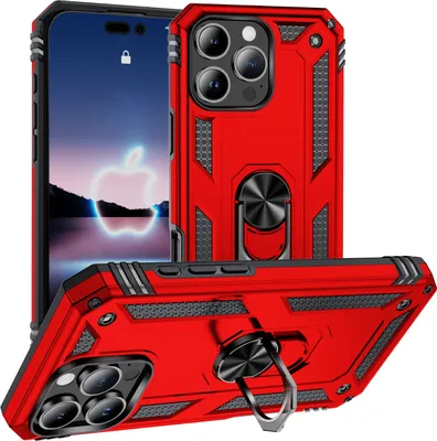 Obrázek produktu pro Pouzdro pro iPhone 16 Pro dvouvrstvé robustní, vojenská ochrana pouzdro s držákem prstenu a stojánkem červené