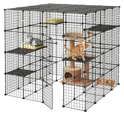 Productafbeelding van VEVOR kattenkooi, kattenren, 4-laags kattenspeelplaats, 139,7x139,7x139,7 cm, zelfbouw kattenspeelplaats voor binnen, afneembare metalen kooi met 3 deuren, ideaal voor 2-3 katten en kleine dieren, zwart