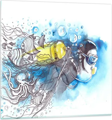 Produktbild von Bilder auf glas - Taucher Fische Illustration Hobby - 60x60cm - Glasbilder - Wandbilder - Kunstdruck - zum Aufhängen bereit - Wanddekoration aus Glas - Glas Bilder - Wandbild auf Glas - GAC60x60-2982