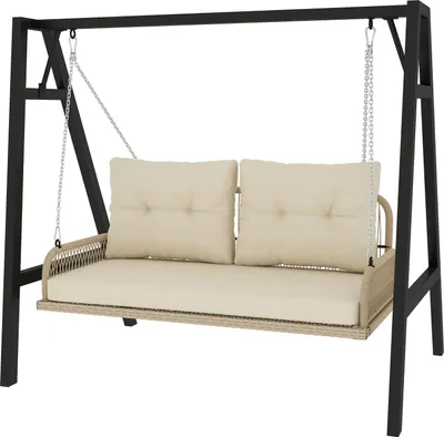 Produktbild von Hollywoodschaukel 2-Sitzer Rattan Gartenschaukel mit Kissen Ketten Hängebank bis 240 kg belastbar Hängeschaukel Schaukelbank Gartenbank für Garten Balkon 115 x 66 x 44 cm Beige Aosom