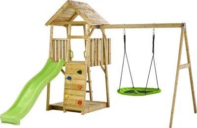 Immagine prodotto di Parco giochi in legno, 2 altalene, casetta, scivolo, parete da arrampicata, sabbiera WOODI