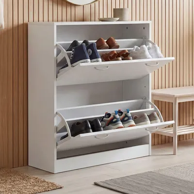 Obrázek produktu pro FineBuy Botník bílý, 75 x 87 x 24 cm, s 2 dvířky, pro 20 párů bot. Moderní botník z MDF, úzká policová skříňka, komoda do předsíně