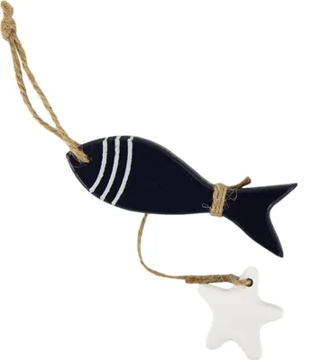 Produktbild von Oblique Unique Holz Fisch + See Stern Maritime Deko Hängedeko Tischdeko Sommer Dekoration - dunkelblau