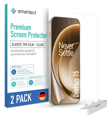 A product package for a screen protector for a OnePlus 15 phone, with the phone and screen protector shown.
