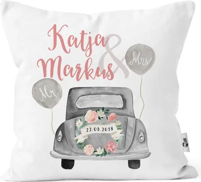 Produktbild von personalisierbares Kissen zur Hochzeit, Hochzeitskissen Auto Hochzeitsgeschenk Geldgeschenk Kissenhülle mit Schleife Moonworks® weiß-ohne-schleife 40cm x 40cm ohne Schleife