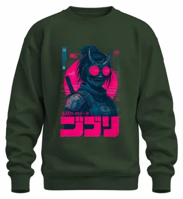 Productafbeelding van Cyberpunk Oni Samurai Katana SA01 - Dataprint, Japan Y2K Synthwave Sweater, Flesgroen, XL