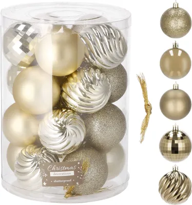 A clear product shot of a set of Christmas ornaments in a transparent cylindrical container, with individual ornaments displayed to the right.