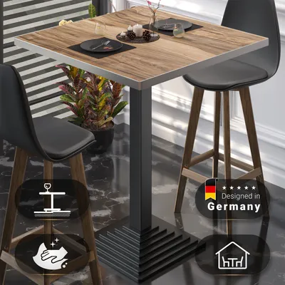 Produktbild von BPY | Bistro Stehtisch | 80 x 80 x 112 cm | Edelstahl Rand | Quadratisch | Sheesham / Schwarz | Gastro Steh Tisch Restaurant