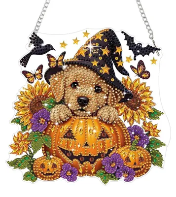 Produktbild von 5D Diamantmalerei Anhänger Welpe Kürbis Halloween Fensterbild Hängendes Ornament Dekoration XS109